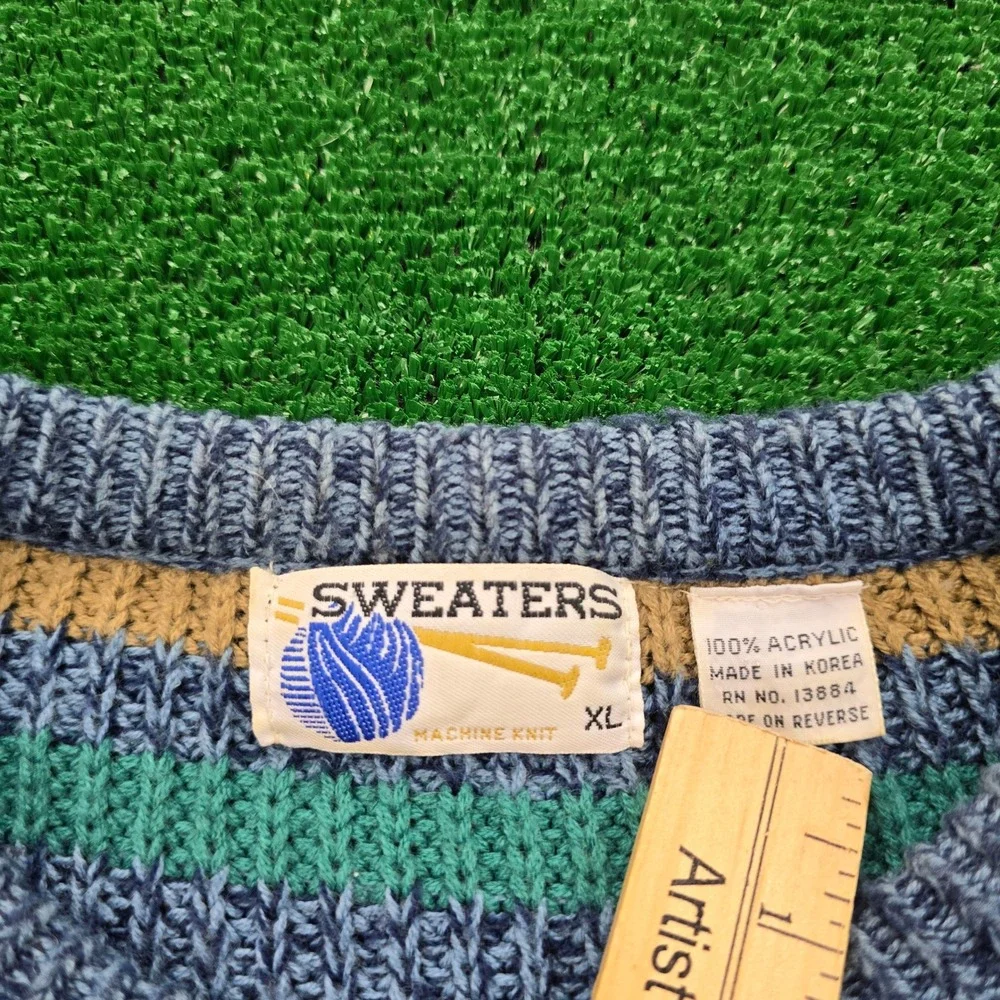 Vintage 90s Sweaters Sweater Mens XL/Large Blue Striped Acrylic‎ Knit Casual - Picture 5 of 6